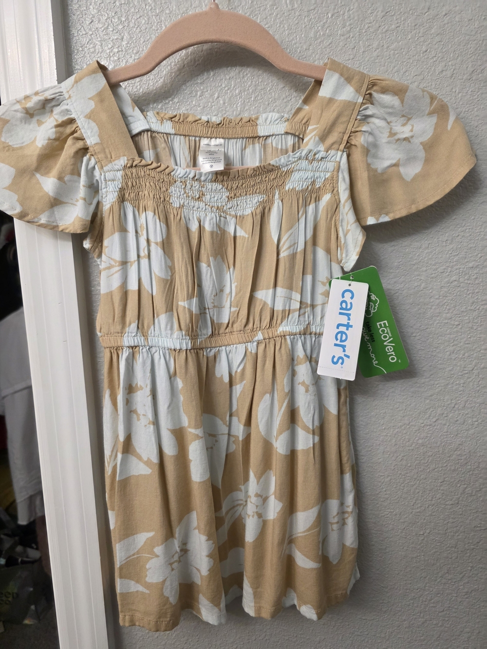 Carter's Tan and White Floral Square-Neck Puff Sleeve Dress
